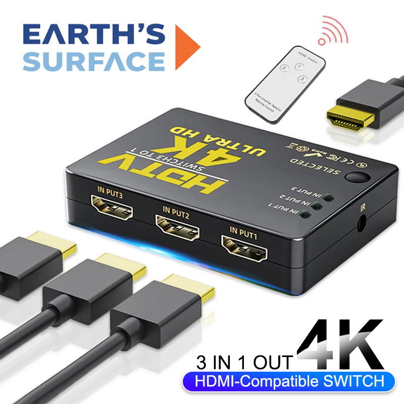 Audio Music Splitter - Switch HDMI Compatível com 3 Entradas